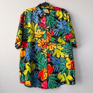HG NY Vintage 100% Silk XL Hawaiian Shirt Floral‎ Colorful Short Sleeve Menswear